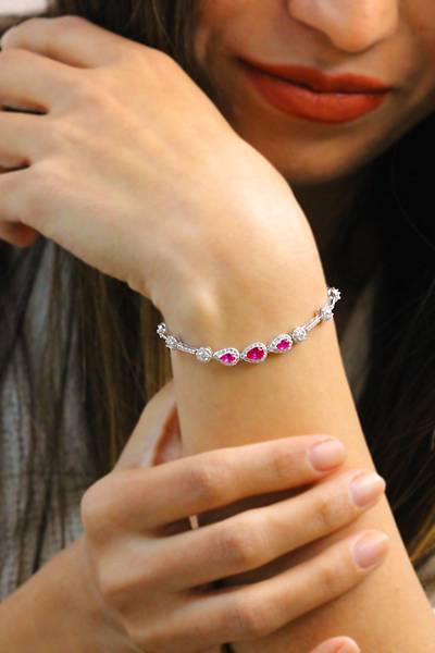 Yakut ve Zirkon Ta�l� Damla Model Bayan G�m�� Bileklik