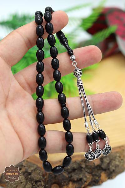 Siyah Arpa Kesim G�m�� Tu�ra P�sk�ll� Ate� Kehribar Tesbih 201024371