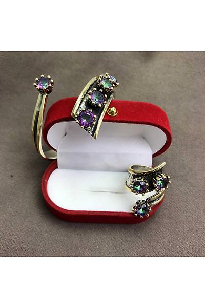 Mistik Topaz Ta�l� Otantik G�m�� Bayan Bilezik ve Y�z�k Kombin