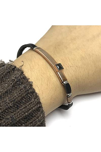 Ta�l� Model Siyah Deri Kordonlu Unisex G�m�� Bileklik