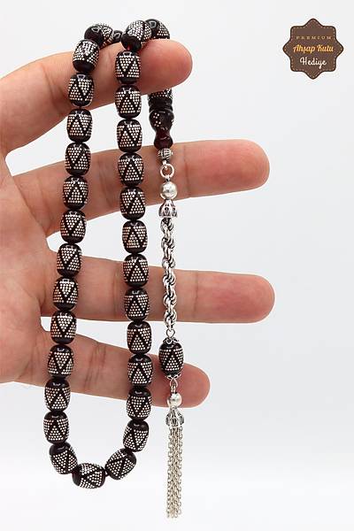 Koyu Bordo G�m�� ��lemeli G�m�� P�sk�ll� Ate� Kehribar Tesbih 201024567