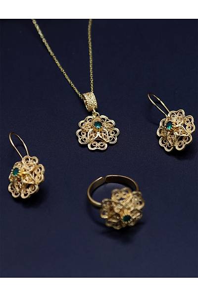Z�mr�t Ta�l� G�l Model Kad�n Gold Kaplama 925 Ayar G�m�� Telkari ��l� Set 201025205