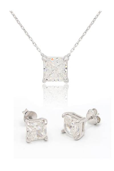 Kare Mozanit Ta�l� 925 Ayar G�m�� K�pe ve Kolye 2'li Set 201024818