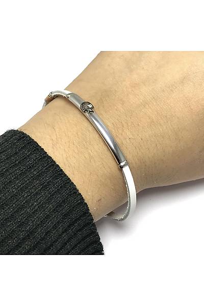 Ayy�ld�z Model Beyaz Deri Kordonlu Unisex G�m�� Bileklik