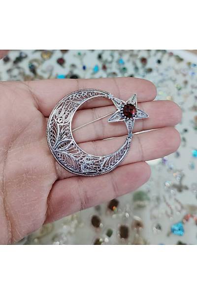 Yakut Taşlı Ayyıldız Model Telkari Gümüş Broş 201019669