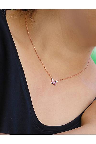 Kar���k Renkli Kelebek Model Zirkon Ta�l� Rose Kaplama G�m�� Kad�n Kolye 201025016