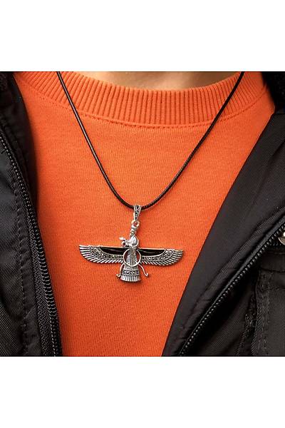 Oniks ve Markazit Ta�l� Orta Boy Unisex Ahura Mazda G�m�� Kolye