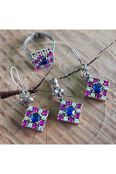 Kare Model Safir Yakut ve Zirkon Ta�l� G�m�� Bayan Otantik ��l� Set