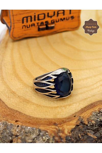 Safir Ta�l� Mikro Zirkon Motifli 925 Ayar G�m�� Erkek Y�z�k 201024880