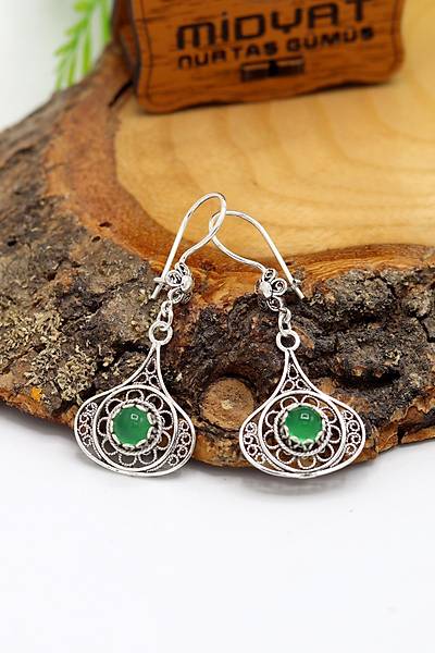 Ye�il Akik Ta�l� Damla Model Oksitli Telkari G�m�� Kad�n K�pe 201024199