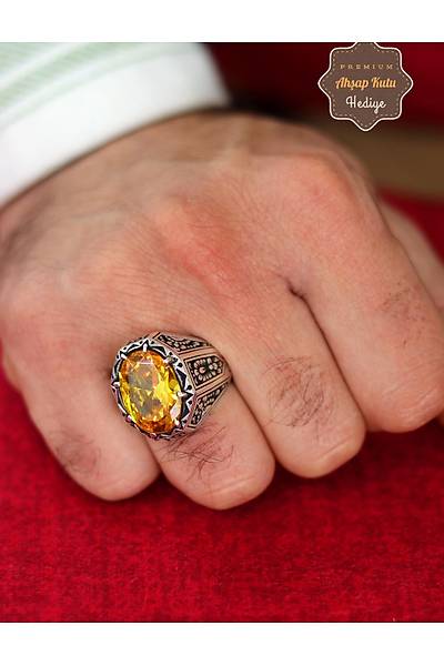 Sitrin Ta�l� Desenli 925 Ayar G�m�� Erkek Y�z�k 201024782