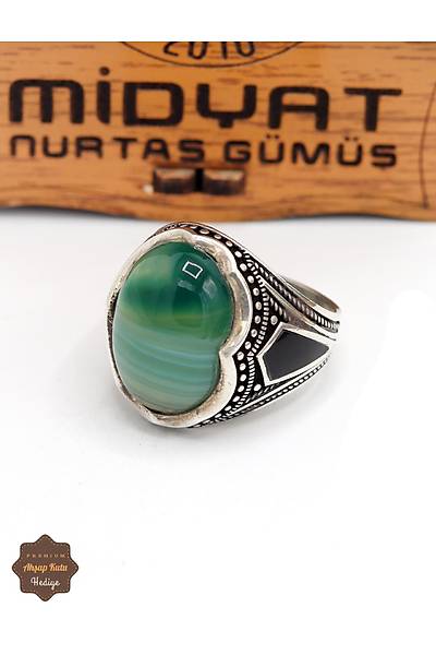 Ye�il Akik Ta�l� Nakka� Z�rh Motifli 925 Ayar G�m�� Erkek Y�z�k 201024928