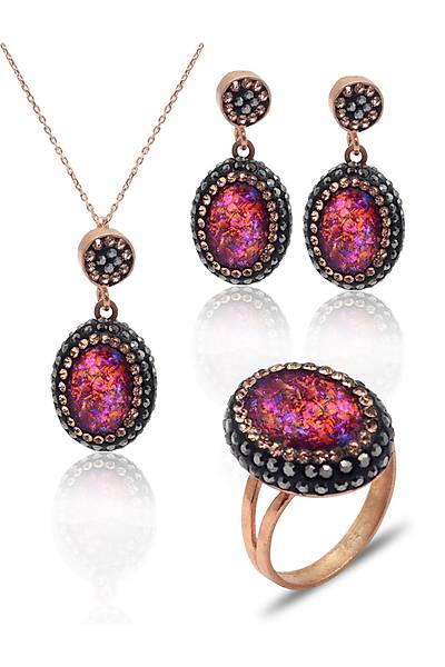 Pembe Paraiba ve Swarovski Ta�l� 925 Ayar G�m�� Kad�n ��l� Set 201025579