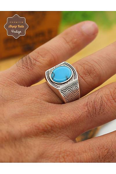 Firuze Ta�l� Geometrik Motifli 925 Ayar G�m�� Erkek Y�z�k 201024872