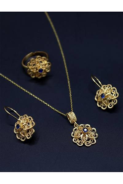 Safir Ta�l� G�l Model Kad�n Gold Kaplama 925 Ayar G�m�� Telkari ��l� Set 201025204