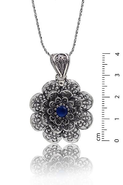 Safir Ta�l� �i�ek Model Oksitli Telkari Kad�n G�m�� Kolye 201023919