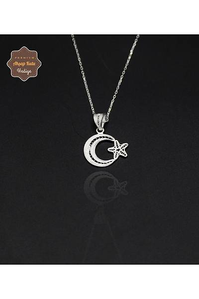 Ay Y�ld�z K���k Boy Model 925 Ayar Saf G�m�� Telkari Kad�n Kolye 201024655