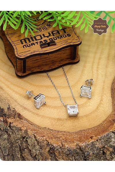 Kare Mozanit Ta�l� 925 Ayar G�m�� K�pe ve Kolye 2'li Set 201024818