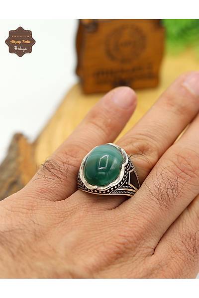 Ye�il Akik Ta�l� Nakka� Z�rh Motifli 925 Ayar G�m�� Erkek Y�z�k 201024928