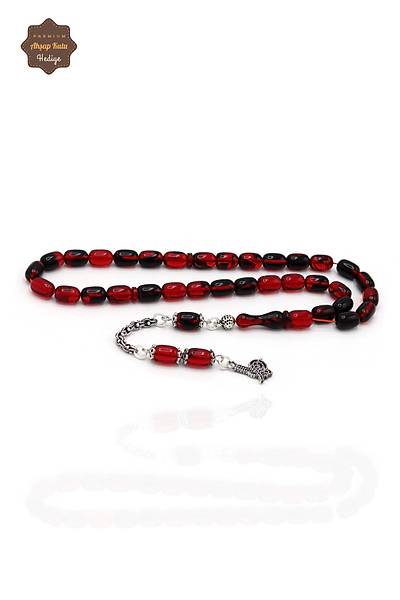 Hareli K�rm�z� Siyah Kaps�l Kesim G�m�� P�sk�ll� Ate� Kehribar Tesbih 201024420