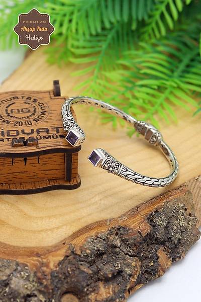 Ametist Ta�l� Y�resel ��lemeli 925 Ayar Saf G�m�� Kad�n Bilezik 201024053