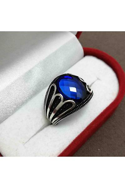 Safir ve Mikro Zirkon Tal 925 Ayar Erkek Gm Yzk