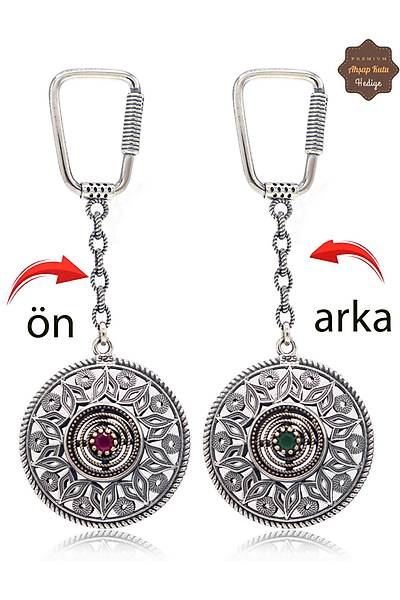 Yakut ve Z�mr�t Ta�l� Lale Model �ift Tarafl� Oksitli G�m�� Telkari Anahtarl�k 201025181