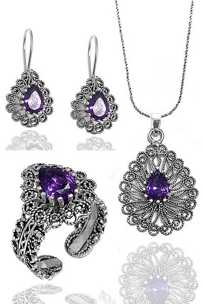 Ametist Ta�l� Damla Model Kad�n 925 Ayar G�m�� Telkari ��l� Set 201024778