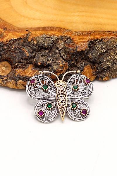 Yakut ve Z�mr�t Ta�l� Kelebek Model G�m�� Telkari Bro� 201024194