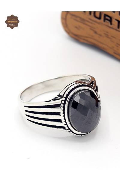 Oval Siyah Zirkon Ta�l� �izgi Desenli 925 Ayar G�m�� �ocuk Y�z��� 201025381