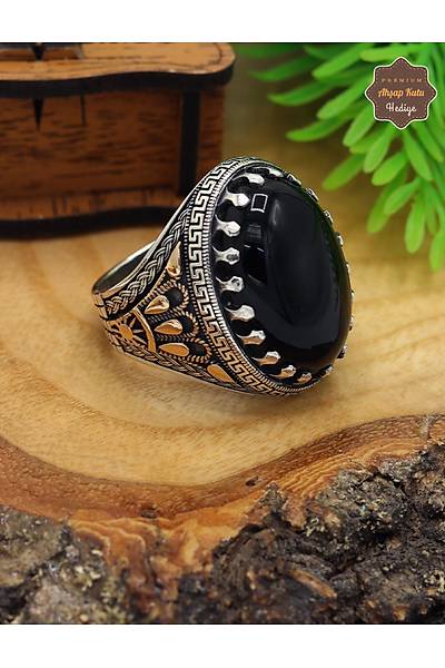 Oniks Ta�l� Kral Tac� Motifli 925 Ayar G�m�� Erkek Y�z�k 201025408