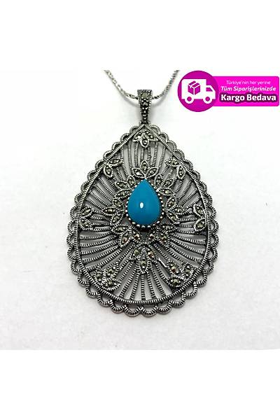 Firuze Ve Markazit Ta�l� 925 Ayar G�m�� Bayan Kolye