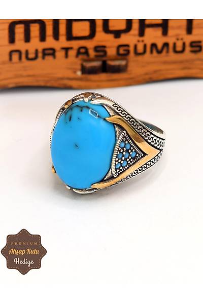 Firuze-Turkuaz Ta�l� Mikro Zirkon Motifli 925 Ayar G�m�� Erkek Y�z�k 201024908