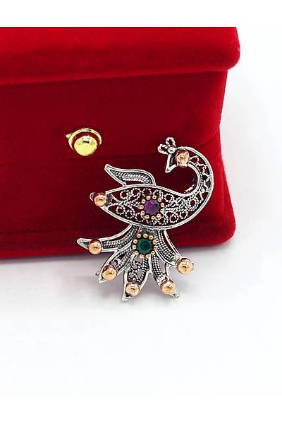 Yakut ve Z�mr�t Ta�l� K���k Boy Tavus Ku�u Model Telkari G�m�� Kad�n Bro� 201025420