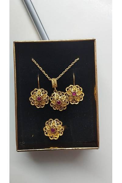 Yakut Ta�l� G�l Model Kad�n 925 Ayar G�m�� Telkari ��l� Set 201024779