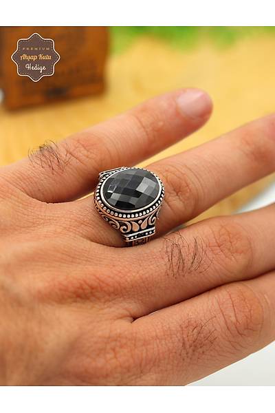 Siyah Zirkon Ta�l� Malakari Motifli 925 Ayar G�m�� Erkek Y�z�k 201024896