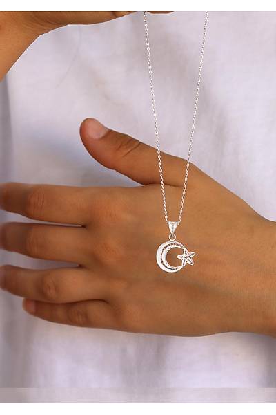 Ay Y�ld�z K���k Boy Model 925 Ayar Saf G�m�� Telkari Kad�n Kolye 201024655