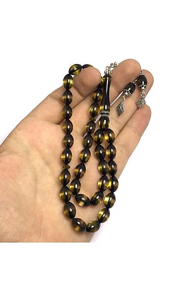 Sar� Ye�il S�rmeli Arpa Kesim Toz Kehribar Tesbih