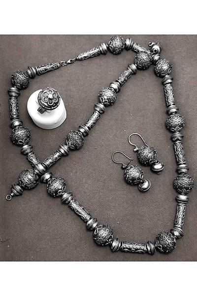 Osmanlı Tasarım İşlemeli Eskitme Model Otantik Bayan Gümüş Dörtlü Set
