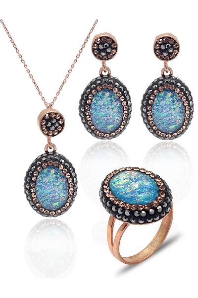 Turkuaz Paraiba ve Swarovski Ta�l� 925 Ayar G�m�� Kad�n ��l� Set 201025580