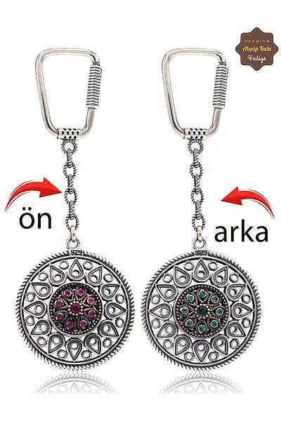 Yakut ve Z�mr�t Ta�l� Damla Model �ift Tarafl� Oksitli G�m�� Telkari Anahtarl�k 201025177