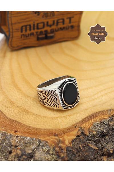 Oniks Ta�l� Geometrik Motifli 925 Ayar G�m�� Erkek Y�z�k 201024898