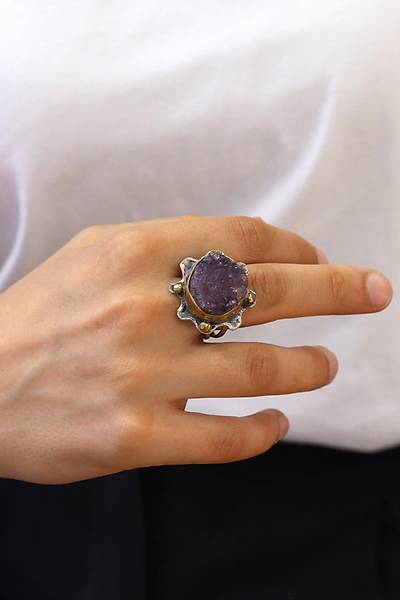 K�k Ametist Ta�l� �eki� ��lemeli 925 Ayar G�m�� Kad�n Y�z�k 201024484