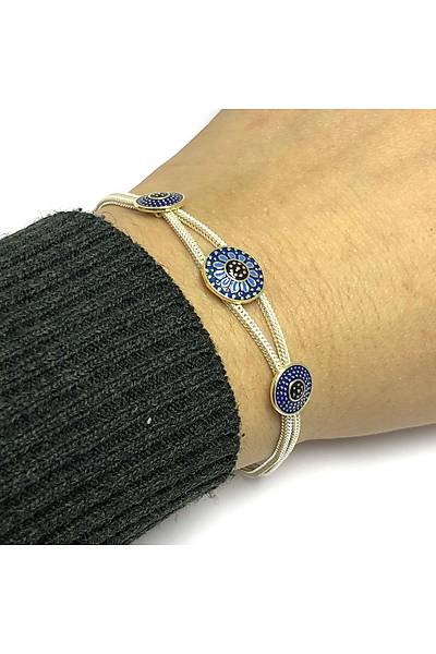 Mavi Mineli 925 Ayar Mardin Has�r� G�m�� Bileklik