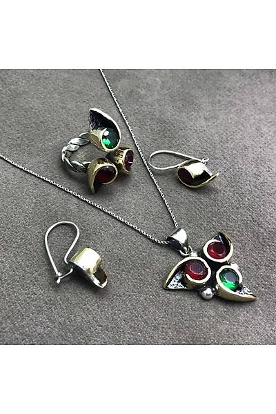 Yakut ve Z�mr�t Ta�l� Otantik Bayan G�m�� ��l� Set