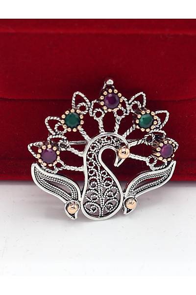 Yakut ve Z�mr�t Ta�l� Tavus Ku�u Model Telkari G�m�� Kad�n Bro� 201025409