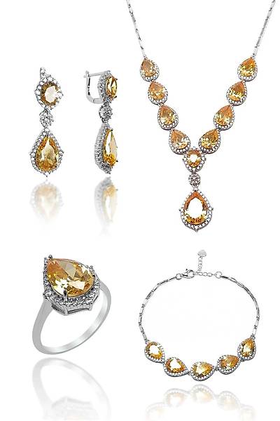 �ampanya Sitrin Ta�l� Damla Model 925 Ayar G�m�� D�rtl� Set 201024157