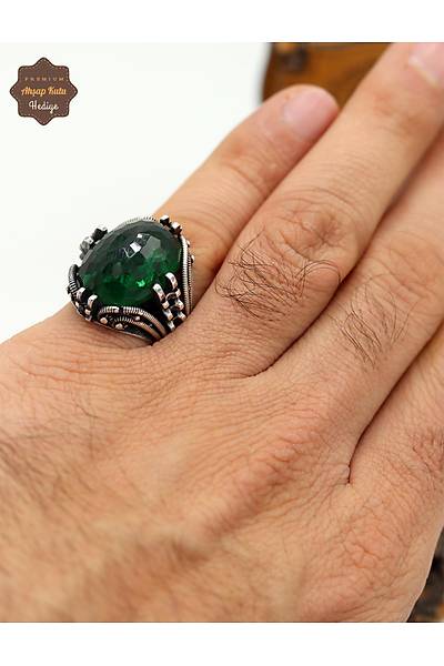 Z�mr�t Ta�l� S�mer Motifli 925 Ayar G�m�� Erkek Y�z�k 201024930