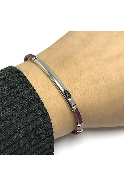 Yaprak Model Vi�ne Rengi Deri Kordonlu Unisex G�m�� Bileklik