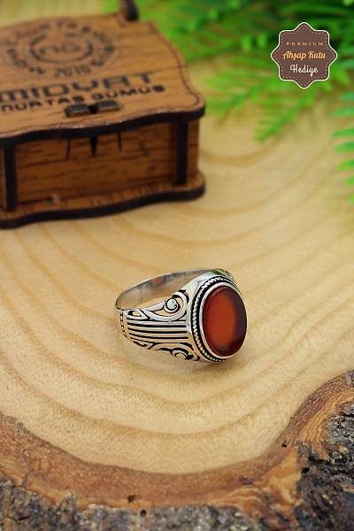 Akik Ta�l� Oval Model 925 Ayar G�m�� Erkek Y�z�k 201023798